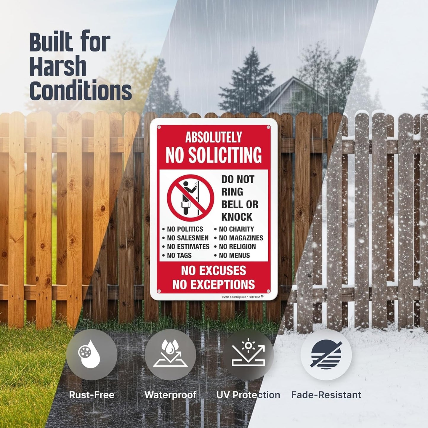 SmartSign 10" x 7" 'Absolutely No Soliciting Do Not Ring Bell No Excuses No Exceptions' Metal Sign, 40 mil Aluminum 3M Laminated Engineer Grade Reflective Material, Red/Black/White, USA-Made