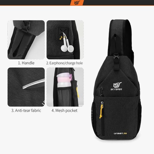 SKYSPER Sling Bag Crossbody Backpack - Chest Shoulder Cross Body Bag Travel Hiking Casual Daypack for Women Men(Jet Black)
