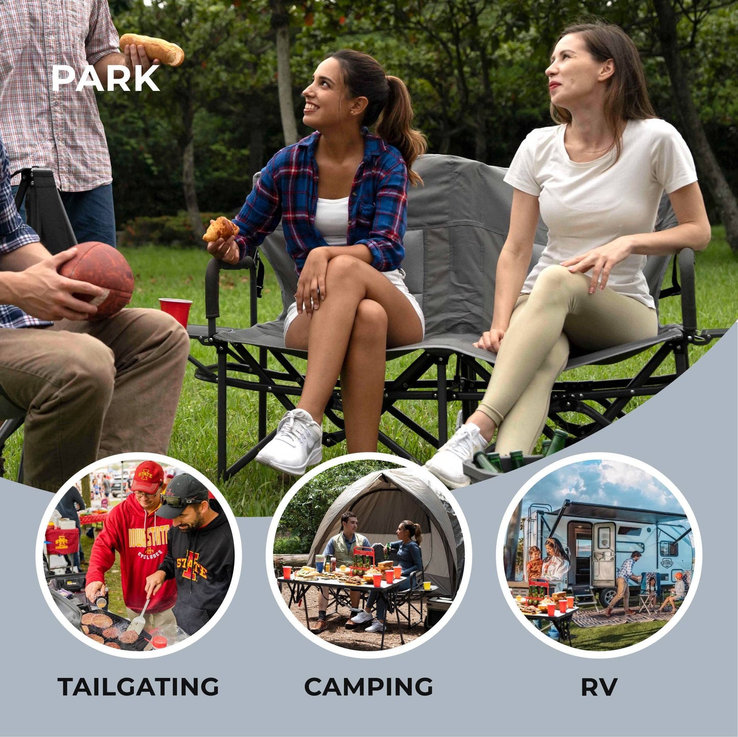 Camphor Designs Double Loveseat and Director Single Chairs for Outdoor Sports, Tailgating, Fishing, Lawn, and More