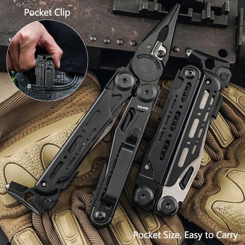 HX OUTDOORS 19 In 1 Pocket Multi Tool, Stainless Steel Multitools Pliers with Fire Starter and Glass Breaker, Folding EDC Camping Survival Tools for Men (Black)
