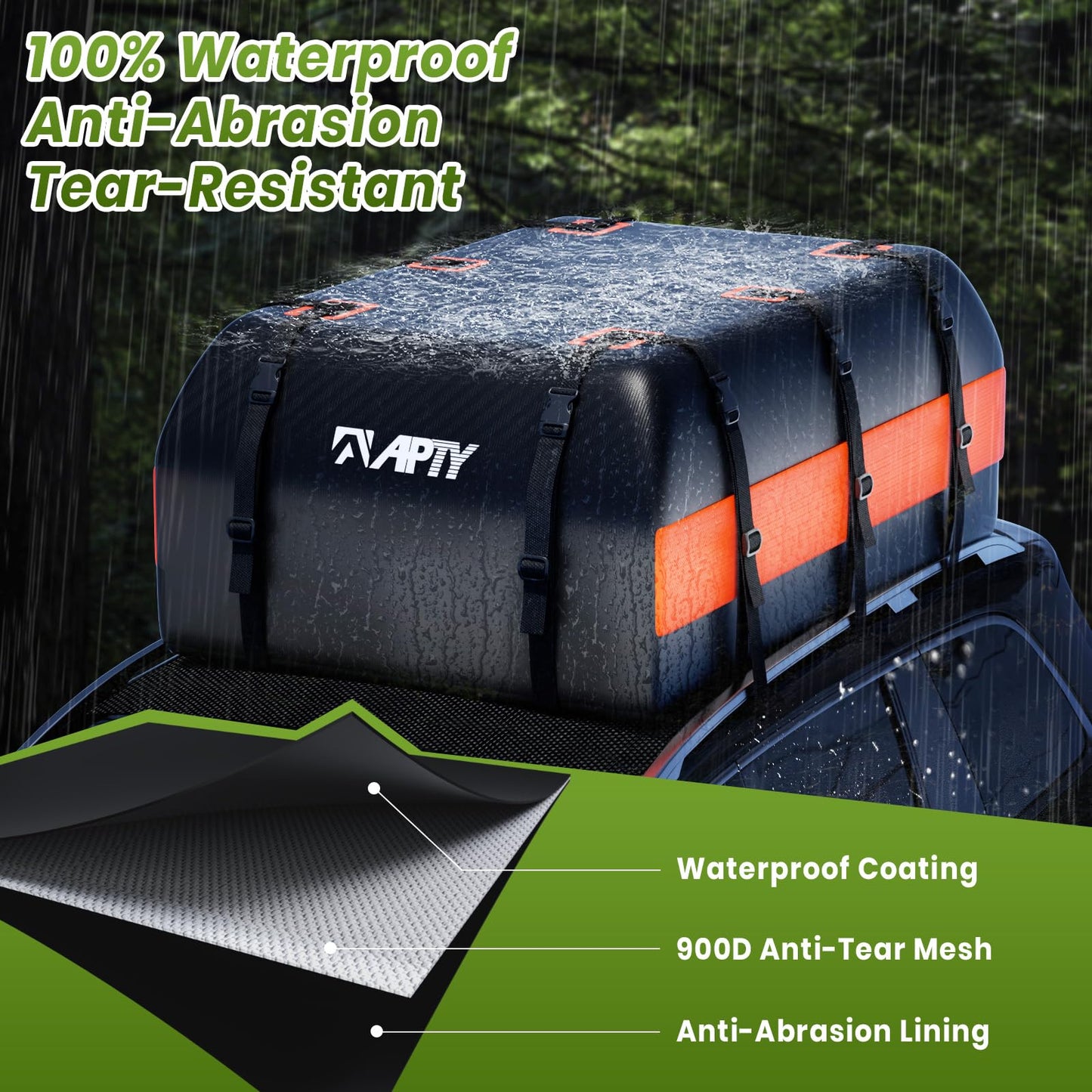 APTY 21 Cubic Feet Car Rooftop Cargo Bag Carrier, Soft Roof Top Luggage Bag for All Vechicles with/Without Rack - with Waterproof Zip, Anti-Slip Mat, Luggage Lock, Storage Bag, Door Hooks, Orange