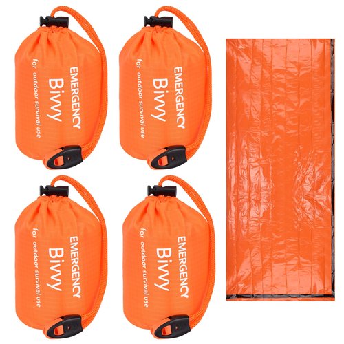 Emergency Sleeping Bag 4 Pack Survival Sleeping Bag with Whistles Thermal Emergency Bivy Sack Sleeping Bags Portable Emergency Blanket for Outdoor Hiking Camping (Orange)