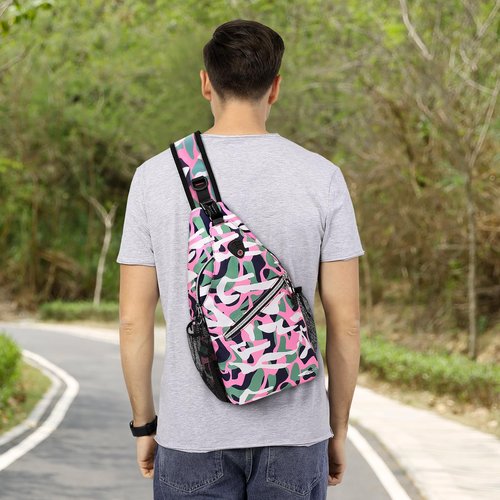 MOSISO Crossbody Sling Backpack, Portable Travel Hiking Daypack Chest Sling Bag Casual Daypack One Strap Chest Backpack for Women Men Outdoor Hiking Travel, Pink Camouflage Graffiti
