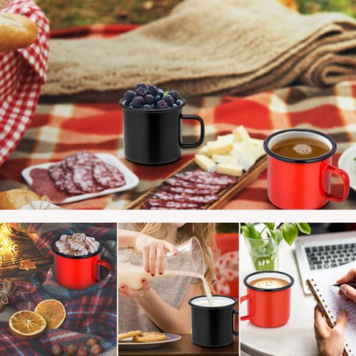 P&P CHEF Enamel Coffee Mugs Cups Set of 2,12 Oz Small Enamel Camping Cup for Coffee Water Soup, Indoor and Outdoor Use, Portable & Sturdy, Black & Red