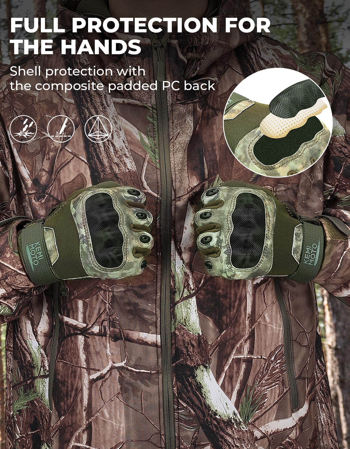 KEMIMOTO Camo Tactical Gloves for Men, Touchscreen Motorcycle Gloves with Hard Shell & Palm Padding for Sports Motorcycle Tactical Airsoft Paintball Hunting Hiking Camping Climbing (Camo,X-Large)