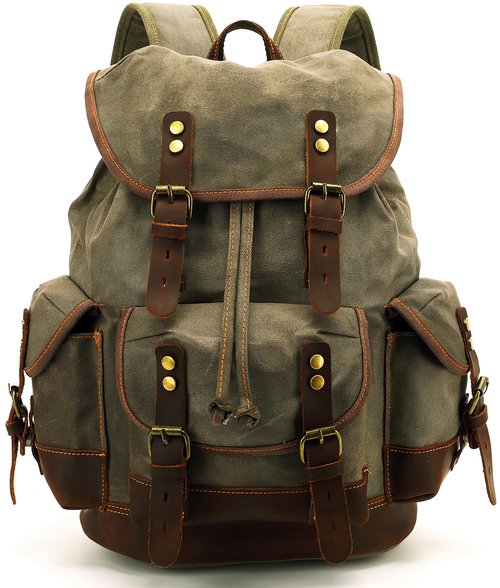 HuaChen Vintage Canvas Leather Backpack: Spacious Durable Rucksack for Men & Women, Perfect for Travel and College Life - M86 Army Green Coffee