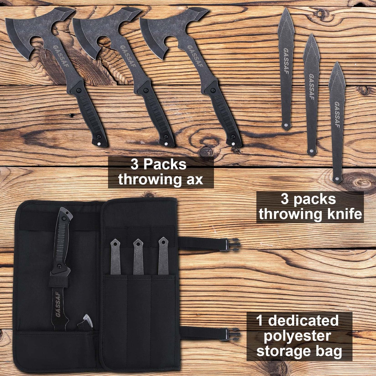 GasSaf Throwing Axe Knife Set Stainless Steel Throwing Tomahawk Axe and Stainless Steel Well-Balanced Throwing Knife， Protective Nylon Sheath for Recreation and Competition（3 Packs）