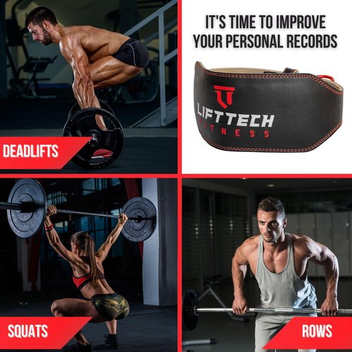 Lift Tech Fitness 6'' Men's Padded Leather Lifting Belt - Weight Lifting Belt for Men - Workout Belt for Men Weightlifting, Strength Training, Powerlifting in Black & Red - M