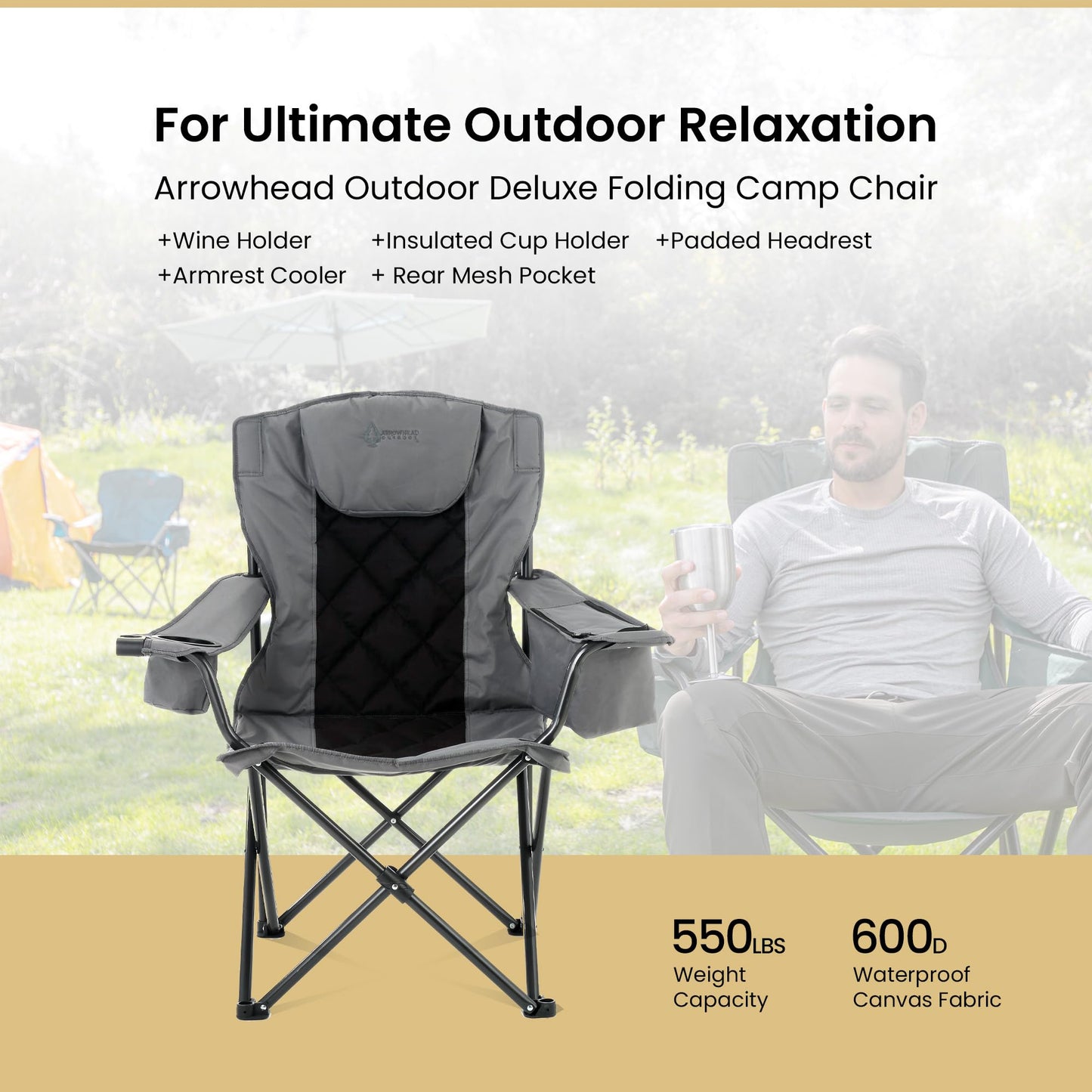 ARROWHEAD OUTDOOR Portable Deluxe Folding Camp Quad Chair w/Headrest, Glass & Cup Holders, Armest 6-can Cooler, Heavy Duty Carry Bag, 550 lbs Weight Capacity