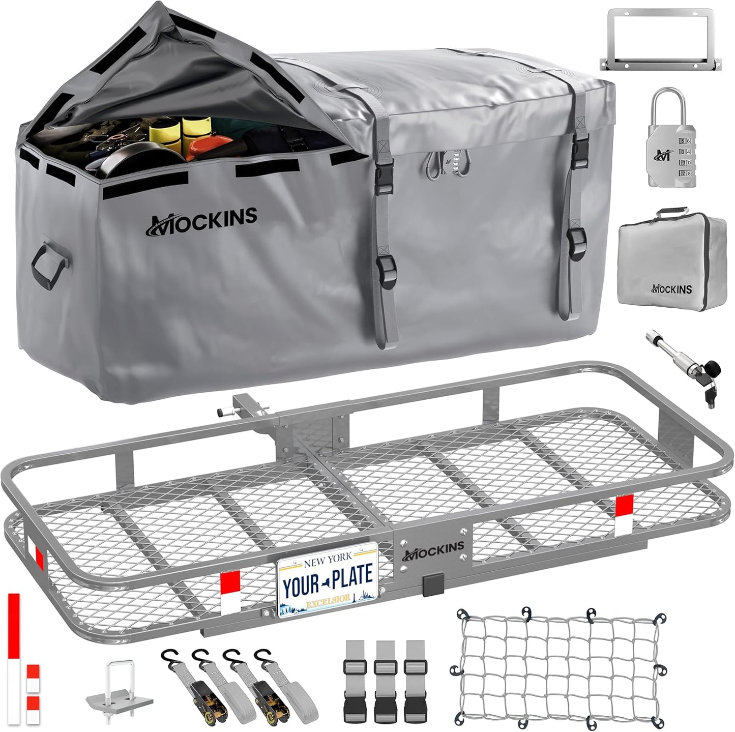 Mockins 60"x20"x6" Folding Trailer Hitch Cargo Carrier w/ 20 Cu.Ft. Waterproof Cargo Bag for Hitch Carrier | 500 Lbs. Capacity Weatherproof Luggage Rack for SUV Car & Truck w/Car Trailer Accessories