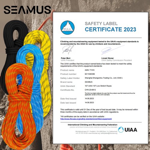 SEAMUS Static Rope 11mm UIAA Rappelling Rope 30M (100ft) Static Line Nylon Kern Mantle Rope for Rock Climbing, Mountain Tree Climbing, Hauling, Rescue