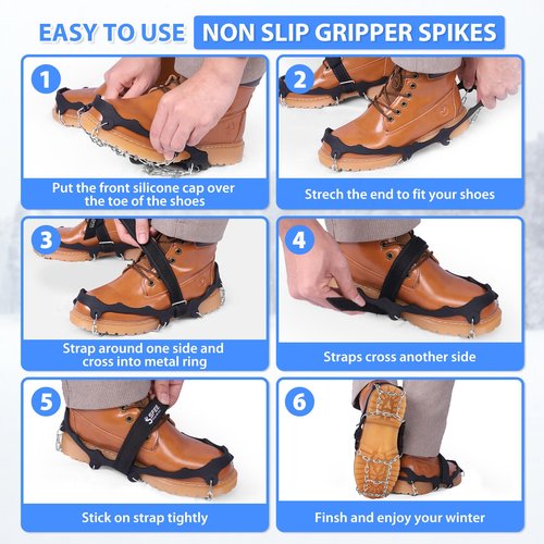 Sfee Crampons for Shoes and Boots - Non Slip Gripper Spikes with Stainless Steel Chains, Traction Cleats for Snow and Ice, Hiking, Climbing, Ice Fishing (M)