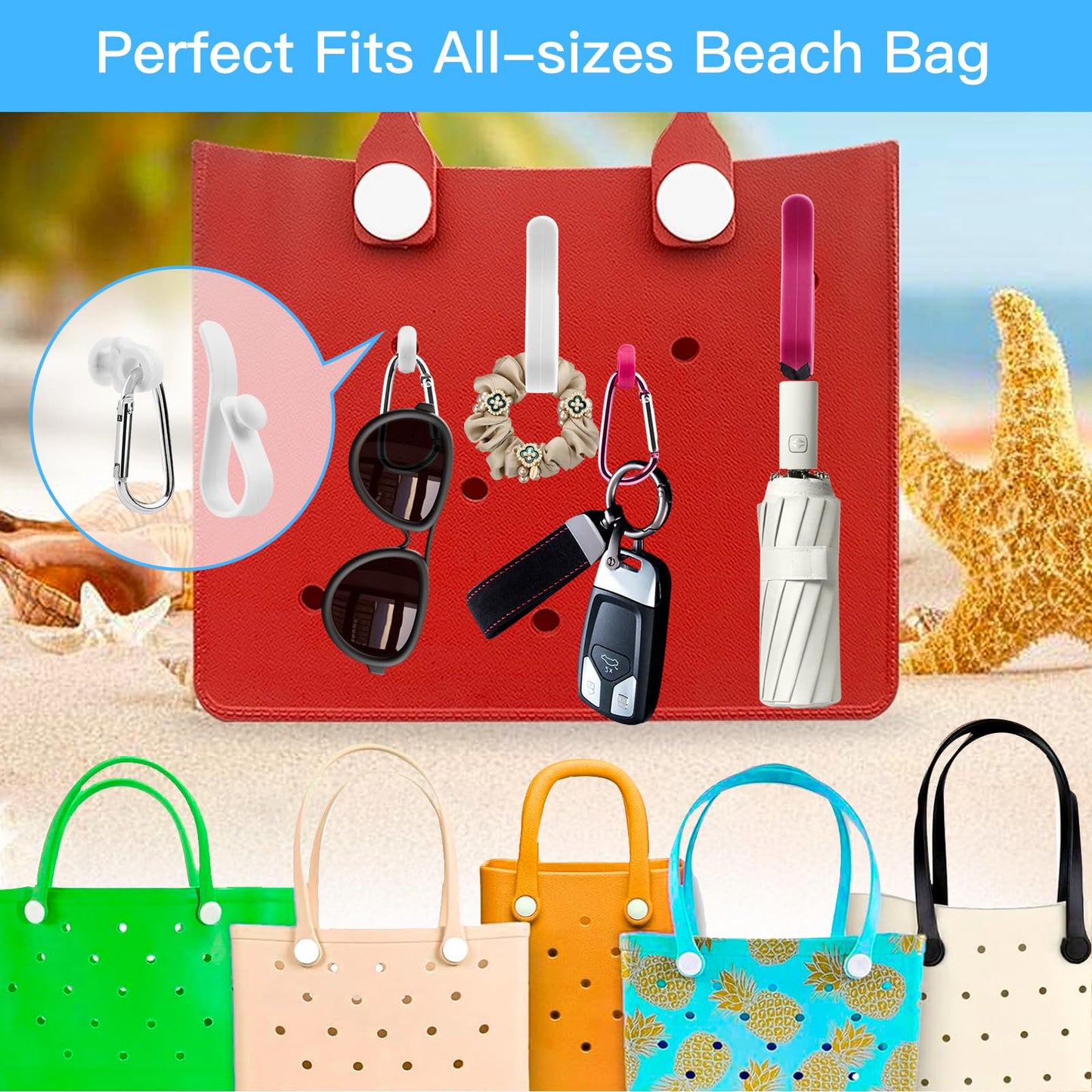 Generic Hooks Set Accessories Compatible for Bogg Bag, Bogg Bag Accessories, Bag Hanging Hooks for Charms Key Pouch Earphone Tassel Cup, Compatible for Small & Large Beach Bags, 4 Pcs, White rose