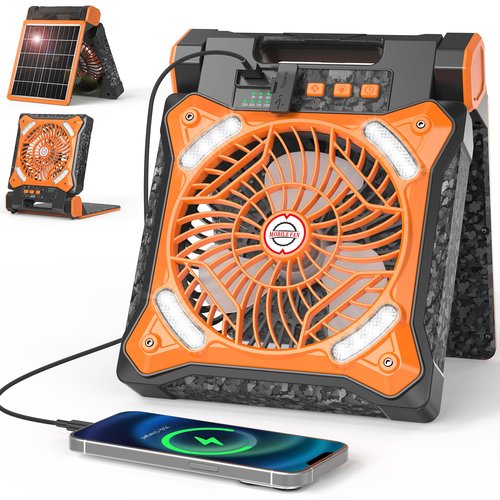 MORECORE 10000mAh 11inch Solar Camping Fan with Dual Charging, 4 Speeds & 3 Light Levels, 36H Run Time, Timer & 90° Adjustable, Portable Quiet Desk Fan for Hiking, Hurricane, Outages, Fishing-Orange