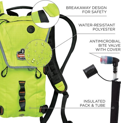 Ergodyne Chill-Its 5156 Hydration Backpack with Storage, Low Profile Pack, High Visibility Reflective, 3 Liter Bladder, Breakaway Shoulder Straps,Lime