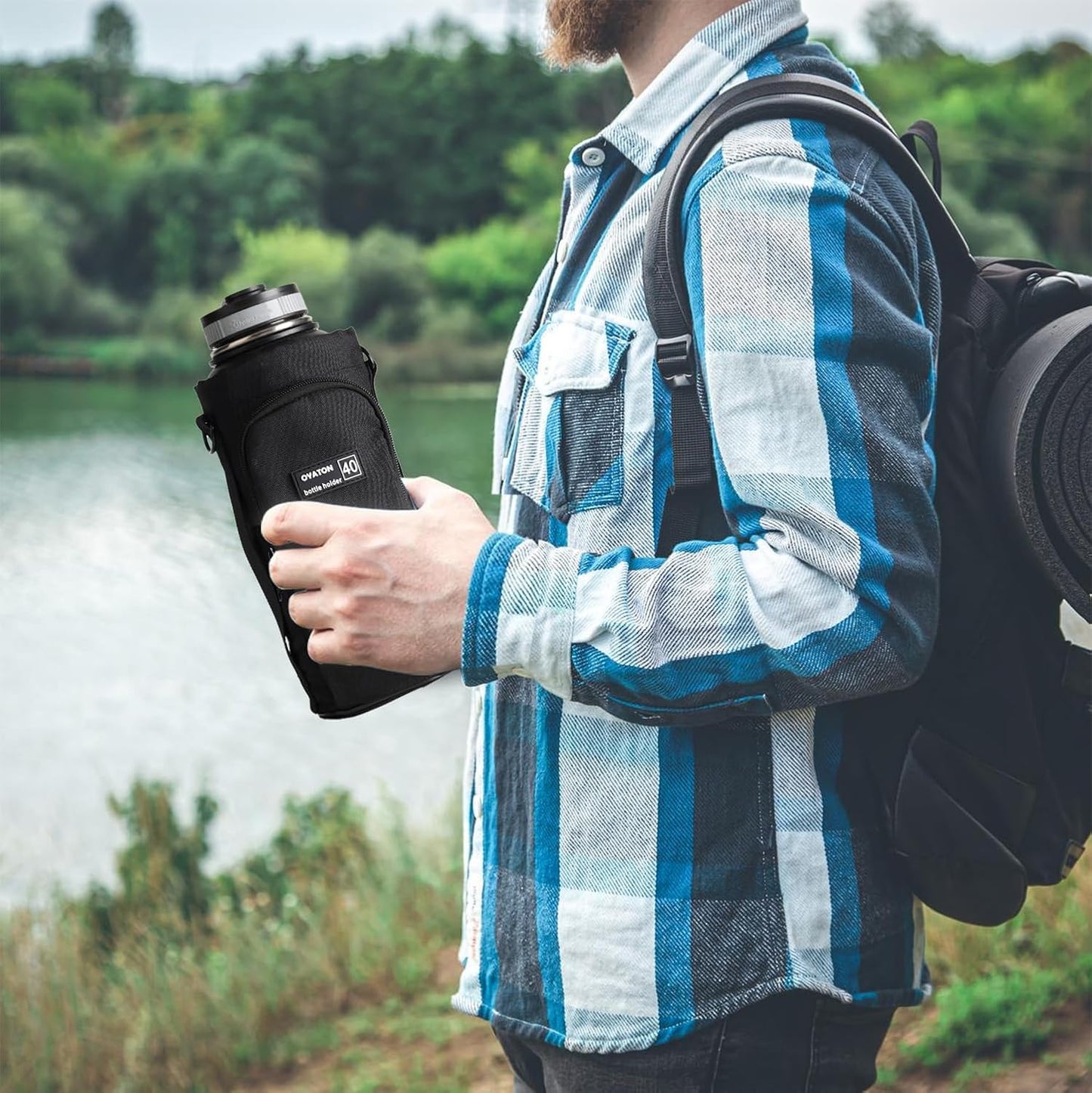 32 oz - 64 oz Black Neoprene Bottle Holder with Strap and Pocket for Walking, Travel and Hiking