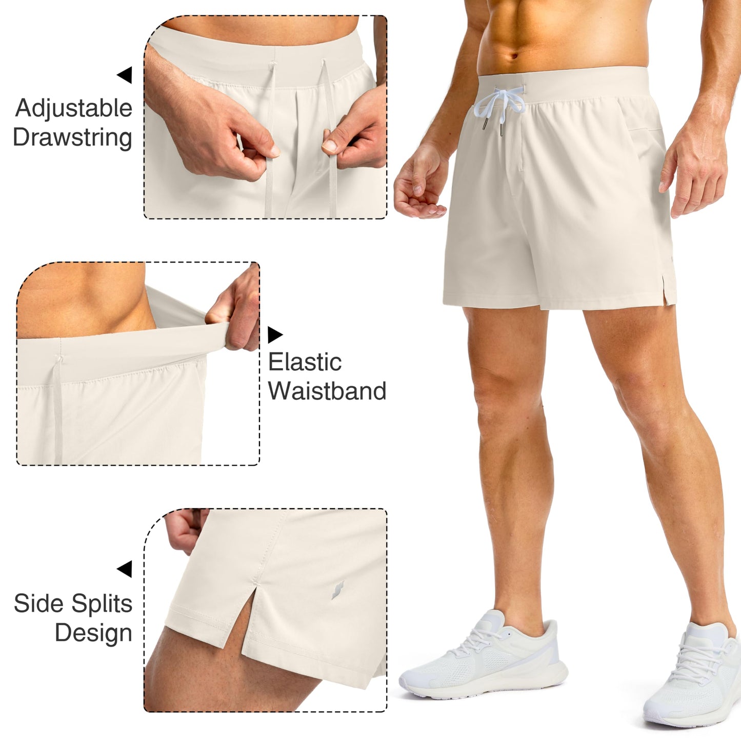 Soothfeel Men's Running Shorts with Zipper Pockets 5 Inch Lightweight Quick Dry Basketball Gym Workout Athletic Shorts for Men (Bone, M)