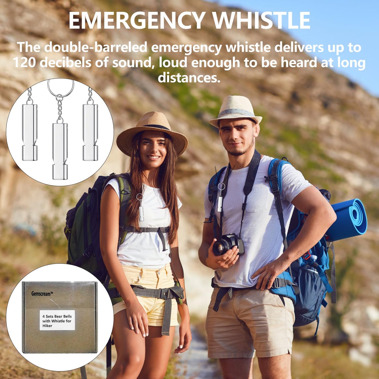 Gemscream 4 Sets Bear Bells with Whistle for Hiker, Loud Bear Bell with Magnetic Silencer and Emergency Whistle, Ideal for Hiking, Outdoor Camping, Survival, Biking, Fishing, Climbing