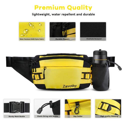 Zavothy Waist Bag for Women & Men, Fashionable Fanny Pack for Hiking, Running & Cycling, with Detachable Water Bottle Holder, Adjustable Waist Pack for Outdoor Activities, Black