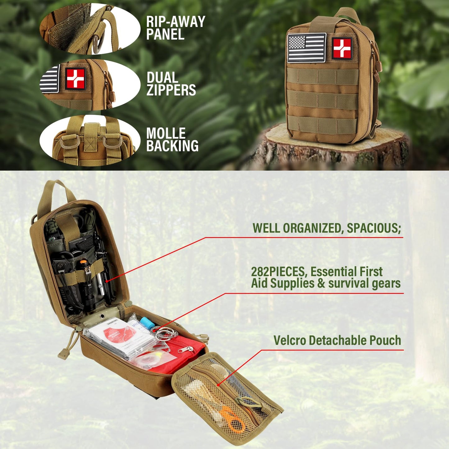 Survival First Aid Kit, Molle Medical Pouch 282PCS Outdoor Emergency Survival Gear and Equipment for Hiking Camping Hunting Car Boat Home Travel and Adventures, Perfect Gifts for Him Men