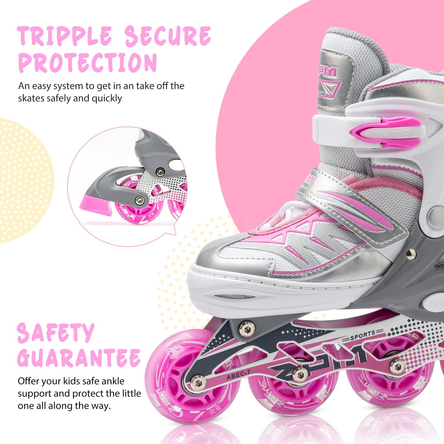 2PM SPORTS Cytia Pink Girls Adjustable Illuminating Inline Skates with Light up Wheels, Fun Flashing Beginner Roller Skates for Kids (Silver, Small - Little Kids (10C-12.5C US))