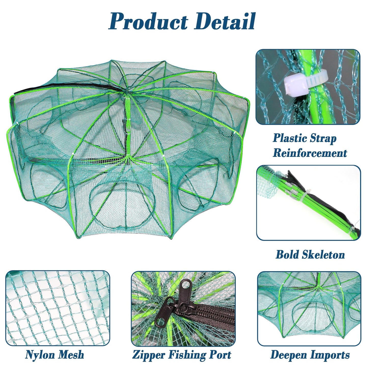 10 Sides 10 Holes Fishing Bait Trap, 32 * 10 Inch Portable Folded Fishing Nets for Minnow Crab Shrimp Crawdad, Upgrade Nylon Mesh Net Fishing Equipment