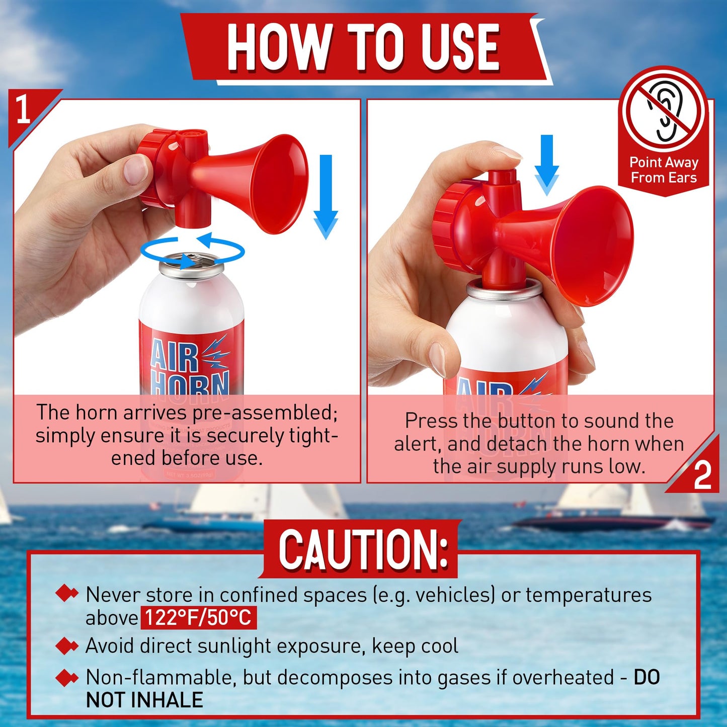 HappyAlley 3 Pack Large Air Horn for Safety 3.5oz, 122dB Very Loud Marine Air Horn for Boat, Coast Guard Approved, Great for Boat & Marine Safety, Sporting Events, Travels, Hiking (Red)