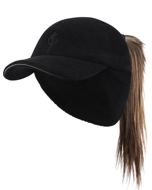 PivotWing Winter Hats for Women, Ponytail Hat with Ear Flaps Stretchy Fleece Winter Hiking Walking Running Cap Reflective Visor Baseball Caps Cold Weather Running Gear for Women Black