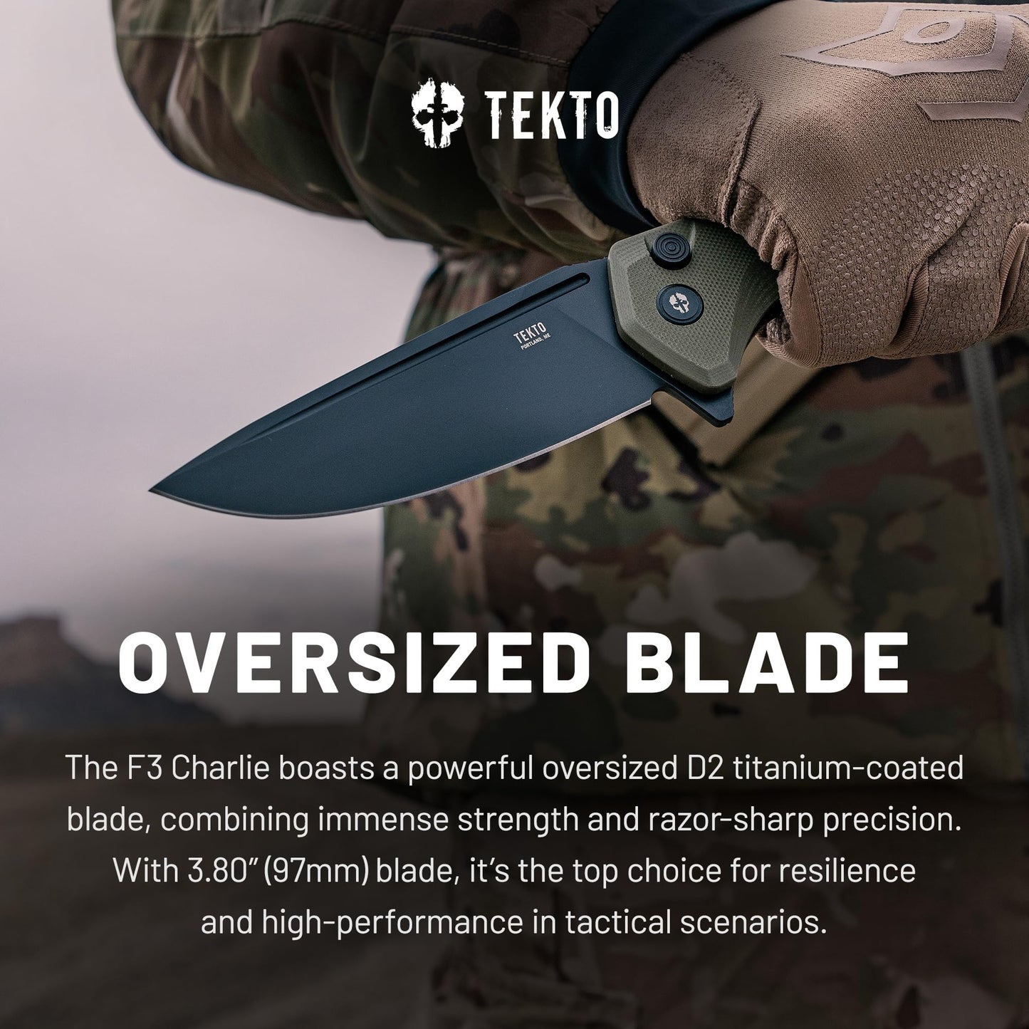 TEKTO F3 Charlie Button Lock Folding Knife, Fine Edge Blade, Tactical OD Green G10 Handle - Easy Open Pocket Knife with Titanium Coated D2 Steel & Black Titanium Barrel Spacers
