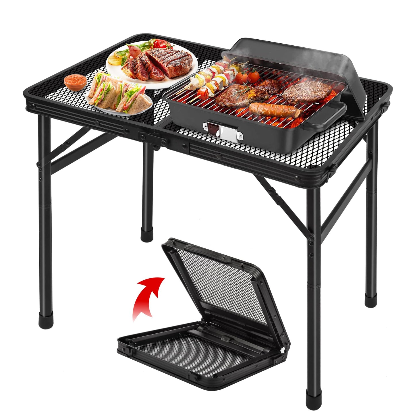 jkwokback 3ft x 2ft Grill Table Portable Camping Table and Grill Table Camping Table Portable Folding Table Outdoor Picnic Table,Height Adjustable Collapsible Table with Mesh Desktop