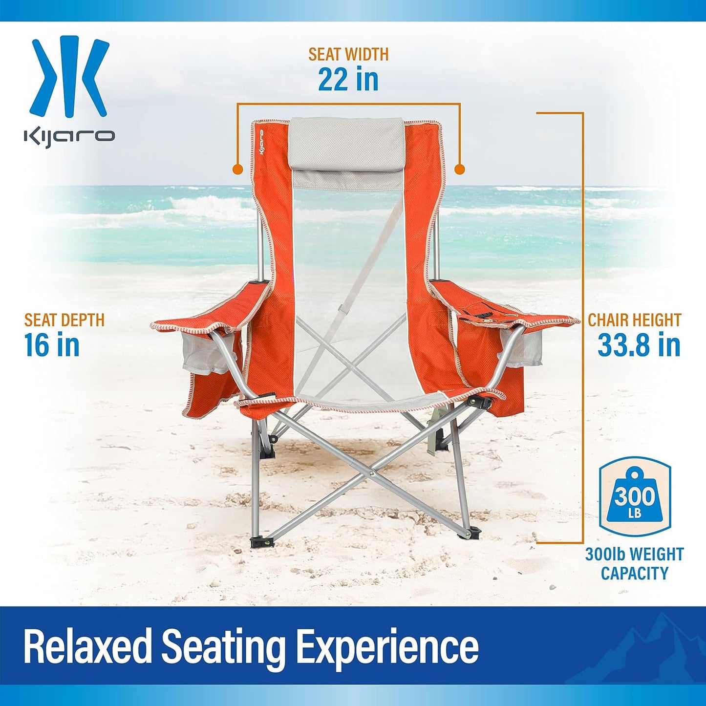 Kijaro Beach Sling Chair with Cooler Pocket - Various Fun Colors & Patterns - Perfect Beach Folding Chair and Camping Chair - Includes a Detachable Pillow