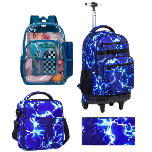 AGSDON 3PCS rolling backpack and clear navy