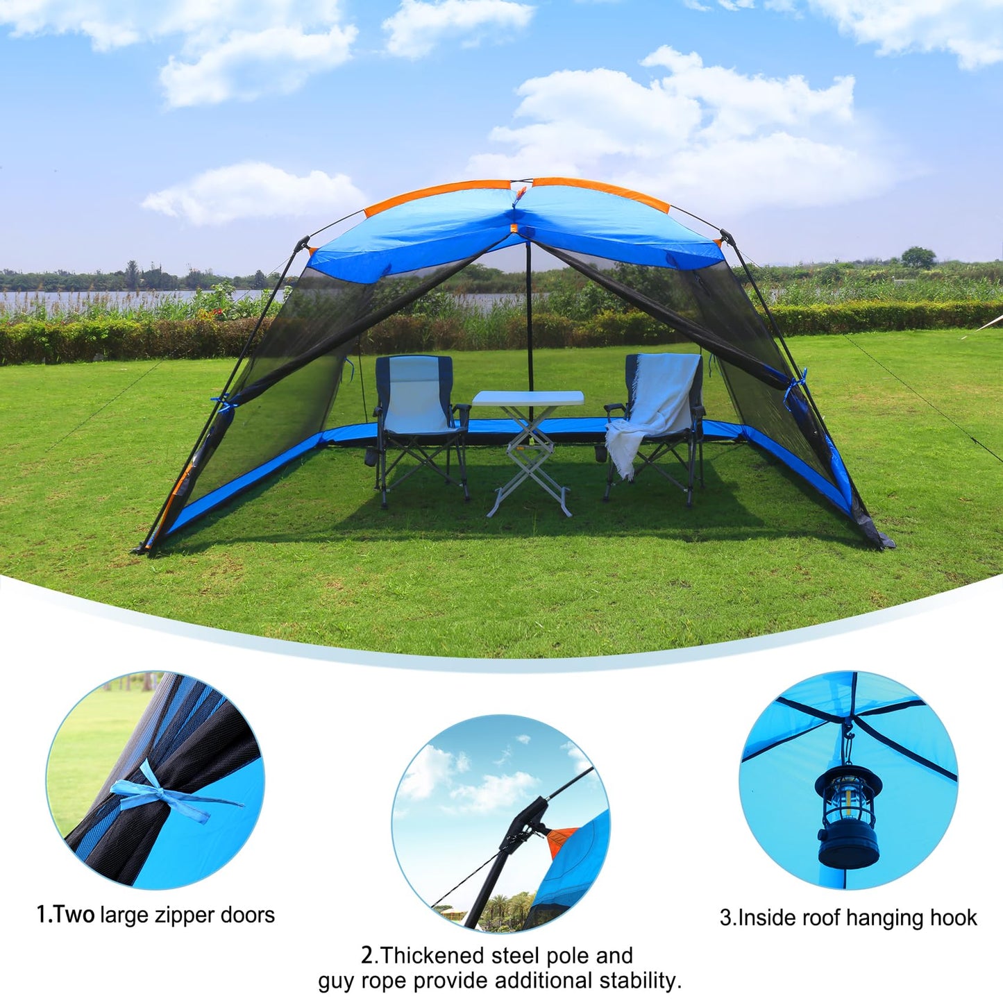 Hyper Venture Screen House 13x9 FT 4 Mesh Walls Canopy Tent Camping Gazebo Shelter for 6-8 People Outdoor Party Activities, Blue
