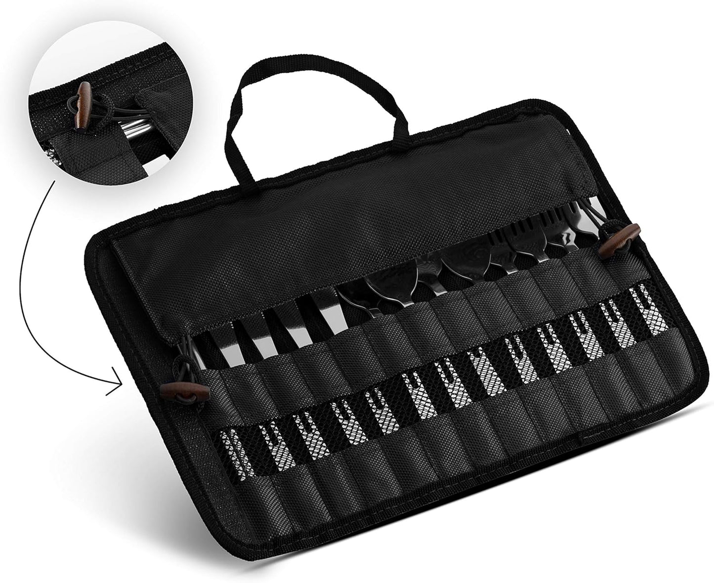 13 Piece Stainless Steel Family Cutlery Picnic Utensil Set with Travel Case for Camping | Hiking | BBQs - Includes Forks | Spoons | Knifes | Chopstick, Plus Nylon Commuter Case (Green)