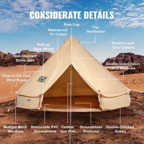 VEVOR Canvas Bell Tent, Yurt Tents 4 Seasons 4 m/13.12 ft, Canvas Tents for Camping with Stove Jack Holds up to 6 People, Family Camping Outdoor Hunting Party