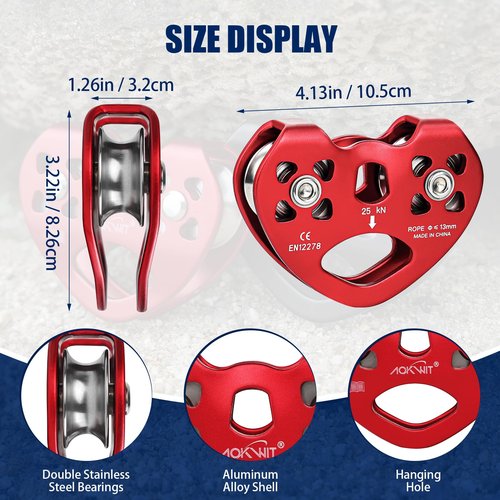 Zip Line Pulley 8-13mm Climbing Pulley Cable Rope Durable Aluminum Stainless Steel Roller Double Tandem Speed Dual Pulley 25KN for Backyard Zipline Hauling Rigging Mountaineering Rescue Climbing Gear
