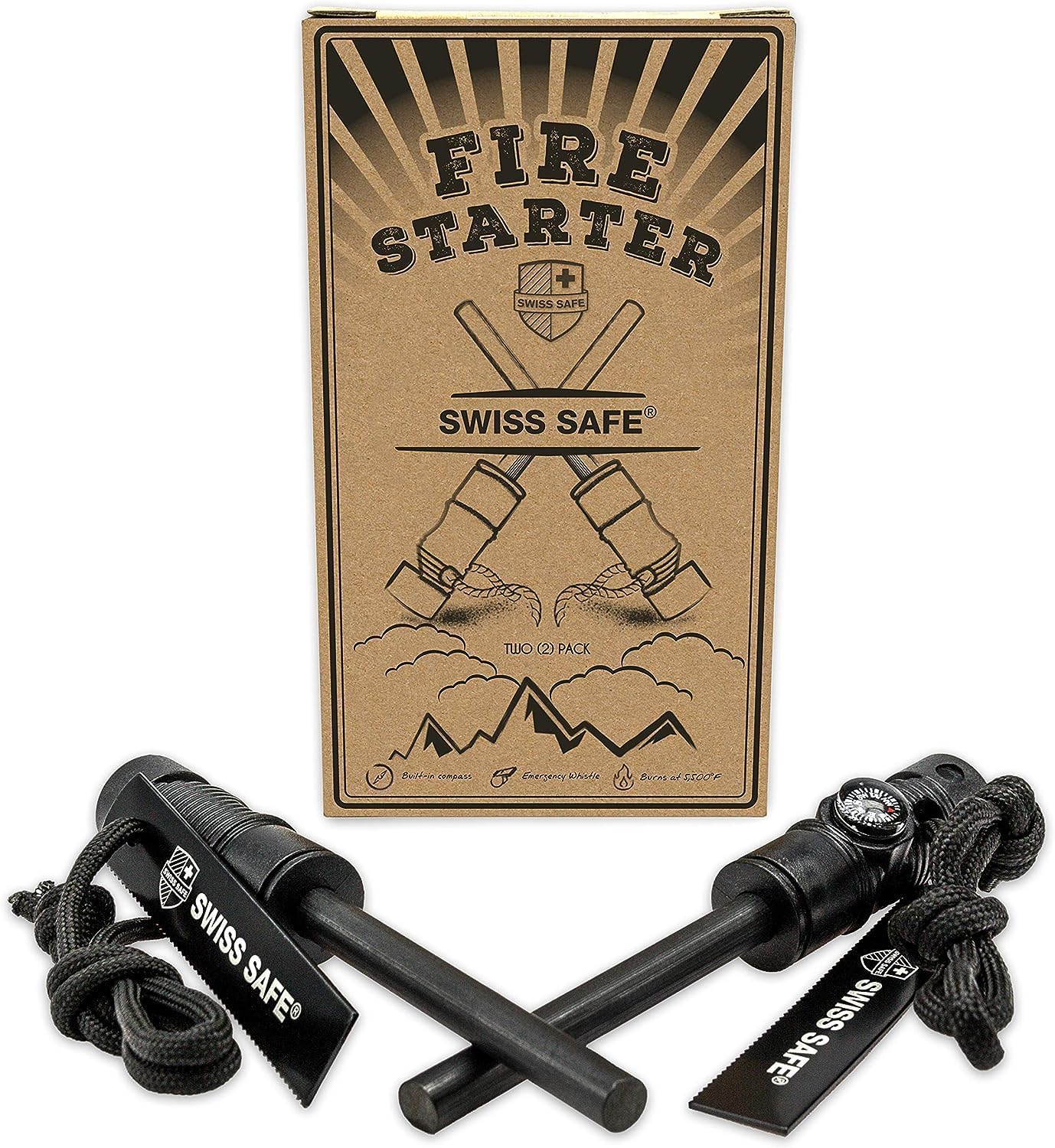 Swiss Safe 5-in-1 Magnesium Ferro Rod Fire Starter Survival Tool - Flint & Steel Striker, Compass, Paracord & Whistle - Emergency Kit for Backpacking, Camping, Hiking - All-Weather