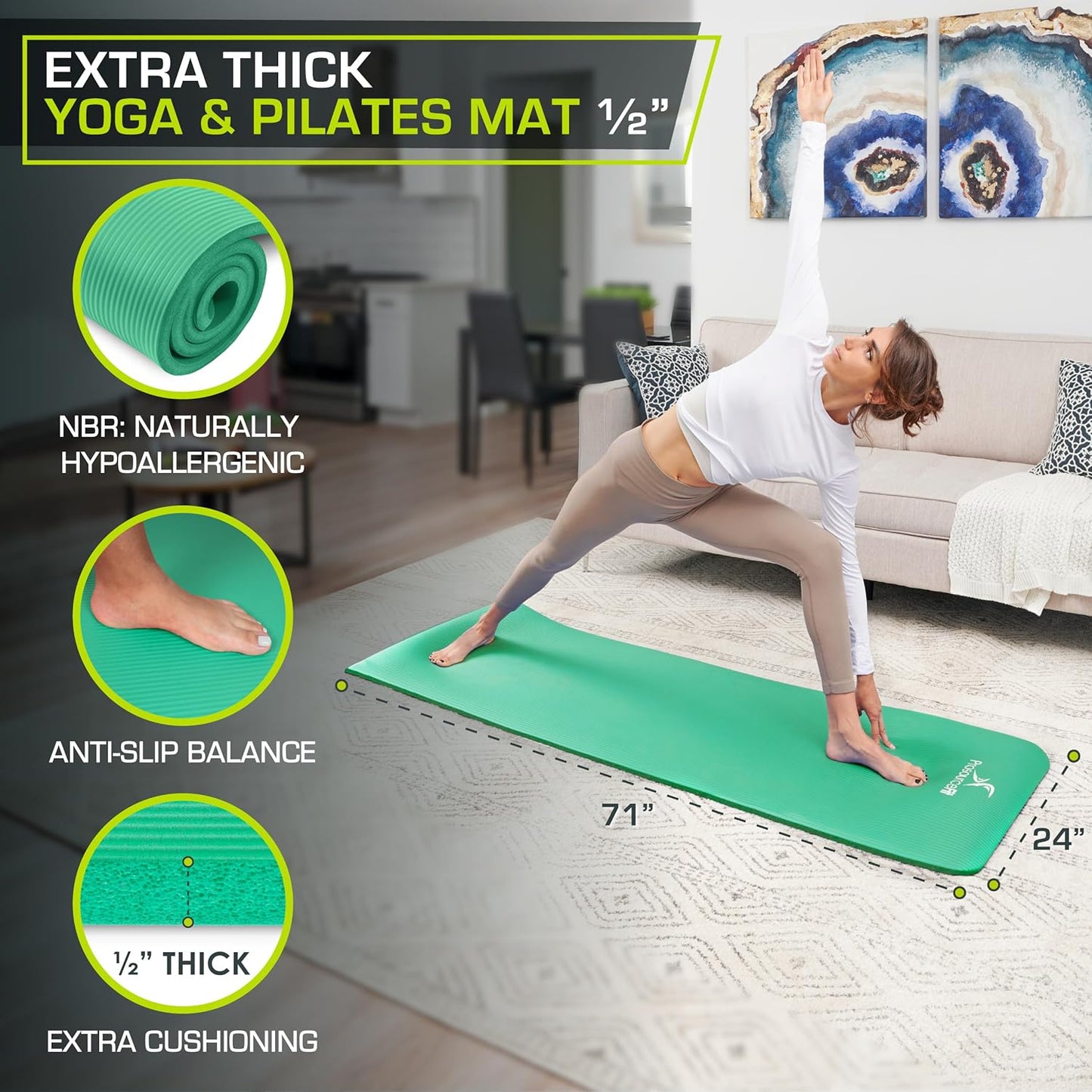 Extra Thick ½” Yoga & Pilates Mat - 71” High Density Foam with Carrying Strap