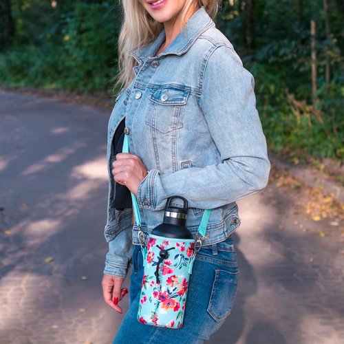 Made Easy Kit Neoprene Water Bottle Carrier Holder with Adjustable Shoulder Strap for Insulating & Carrying Water Container Canteen Flask Available in 5 Sizes (Green Gray House Floral, M (16oz-22oz))