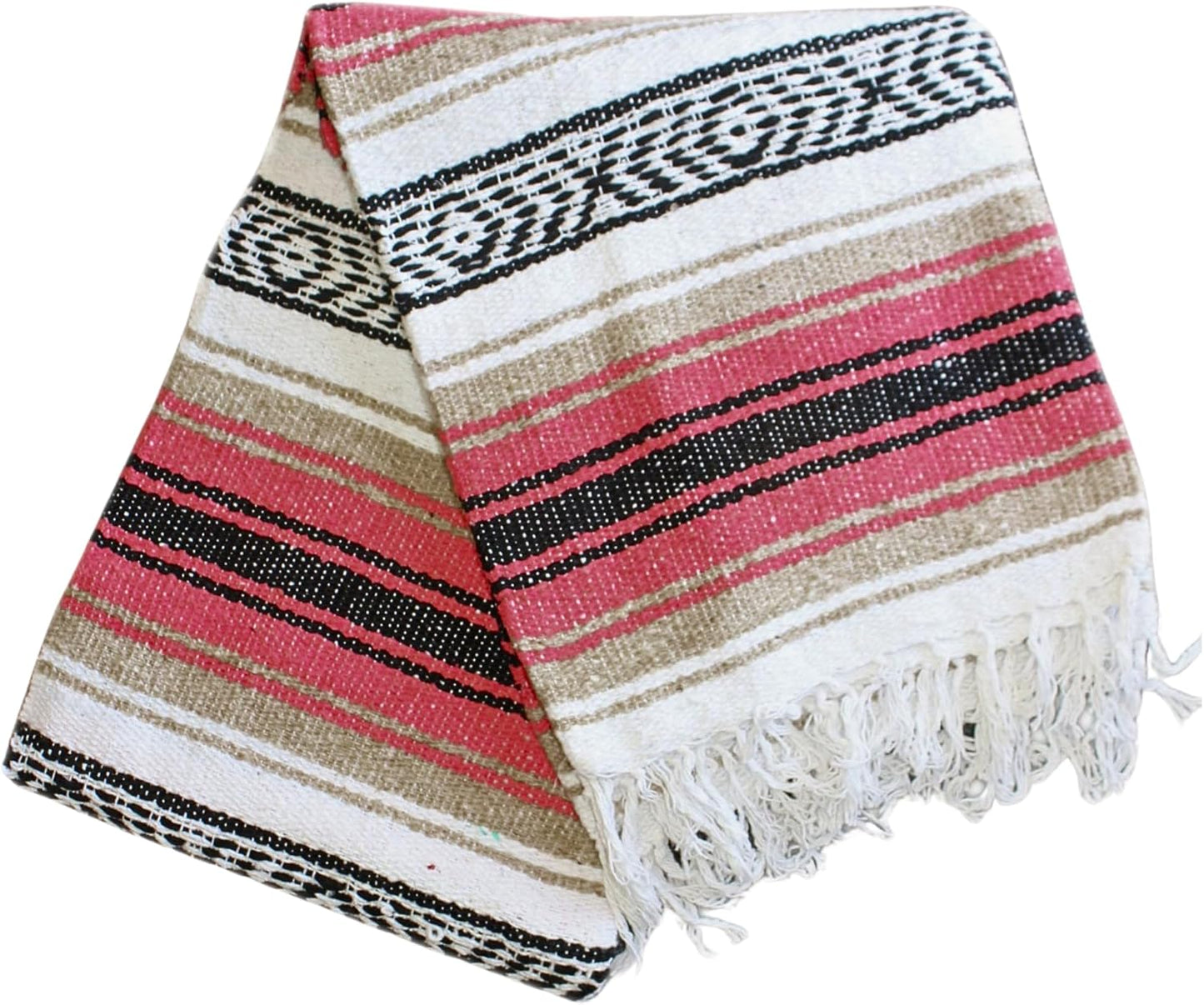 Authentic Del Mex Large Mexican Blanket - Woven Falsa Throw (70"x50") for Beach, Yoga & Outdoor Decor - Pink/Tan