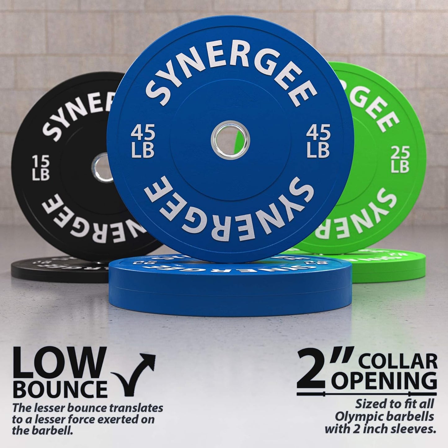 Synergee Bumper Plates – Durable Olympic Weight Plates, Low-Bounce Rubber for Strength Training, Powerlifting, and Functional Workouts.