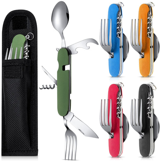 Tessco for you 5 Set 6 in 1 Camping Utensil, Portable Stainless Steel Multifunction Flatware Spoon Fork Knife Bottle Opener Combo Mess Kit with Carrying Pouch, Cutlery for Travel Backpacking Outdoor