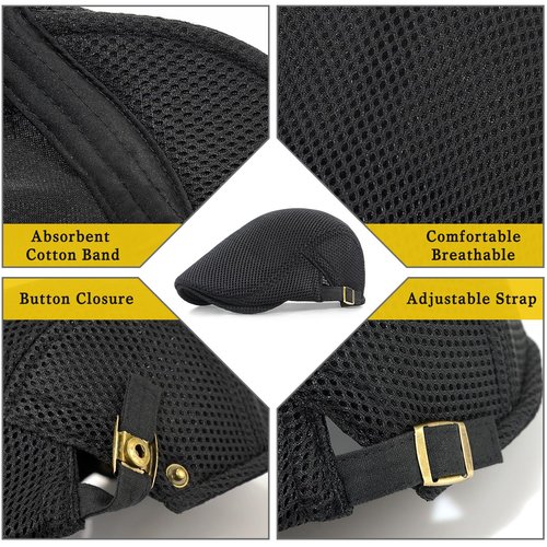 Xinveen Men's Mesh Cap Breathable Summer Newsboy Hat Adjustable Beret Ivy Cap Irish Cabbie Driving Hunting Hats Black