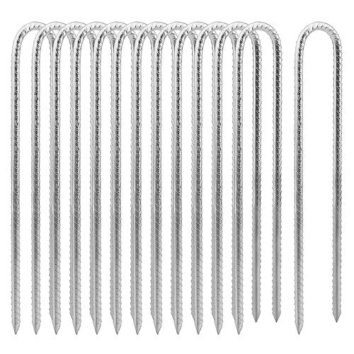 MUKCHAP 12 Pack 12 Inch U Shaped Rebar Stakes, Silver U Rebar Hook Ground Pegs, Trampoline Wind Anchors Stakes for Camping Tents