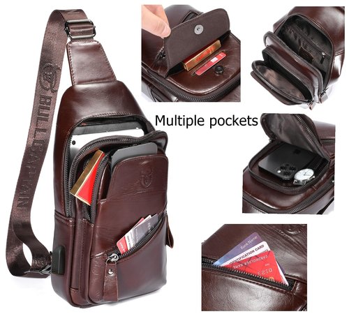 BULLCAPTAIN Mens Leather Sling Bag Backpack Casual Outdoor Shoulder Crossbody Chest Bag with USB Charging Port (Coffee)
