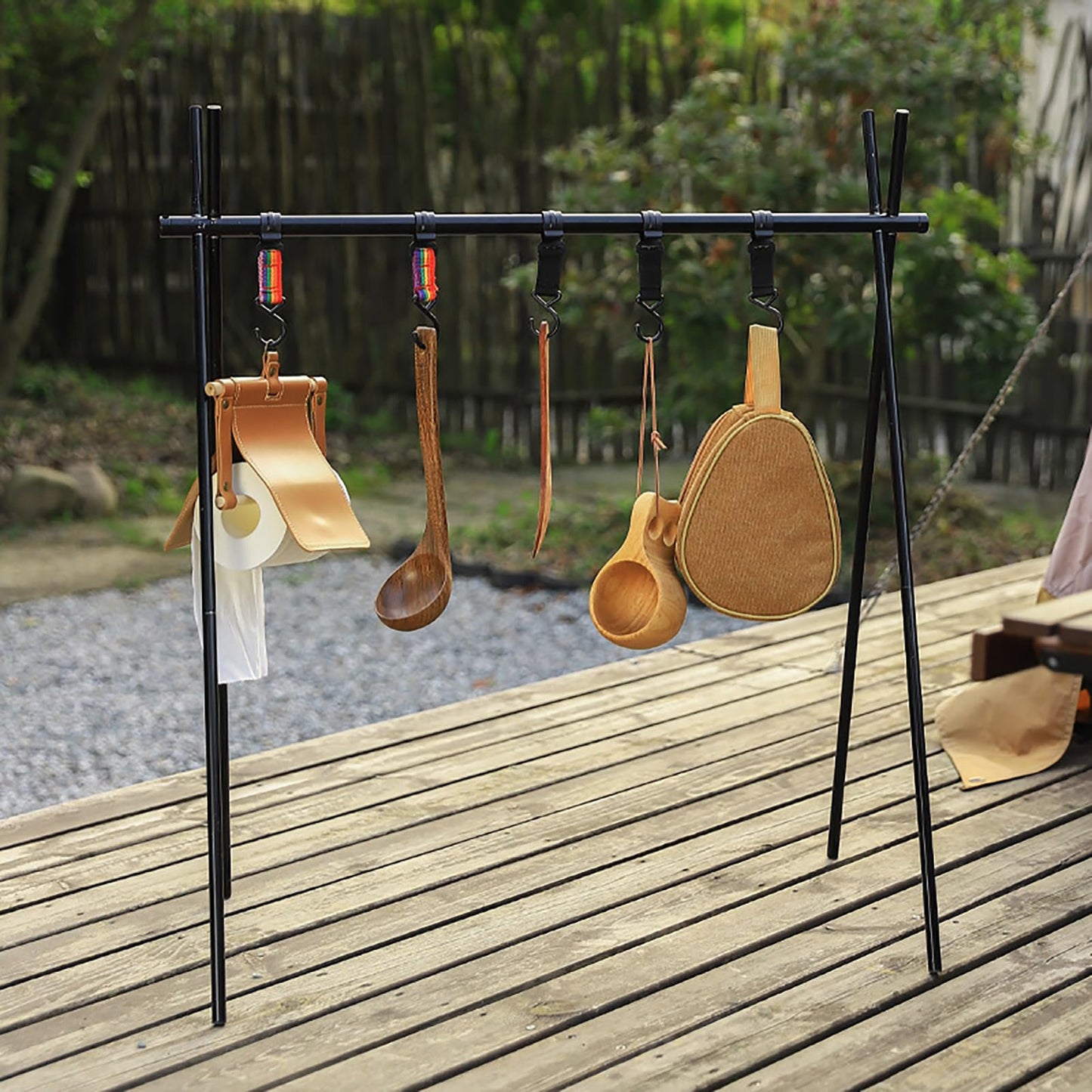 Alomejor Outdoor Camping Hanging Rack Foldable Portable Tripod Stand Quick Setup Lightweight Tools Cookware Storage Organizer Gear for Outdoor Enthusiasts