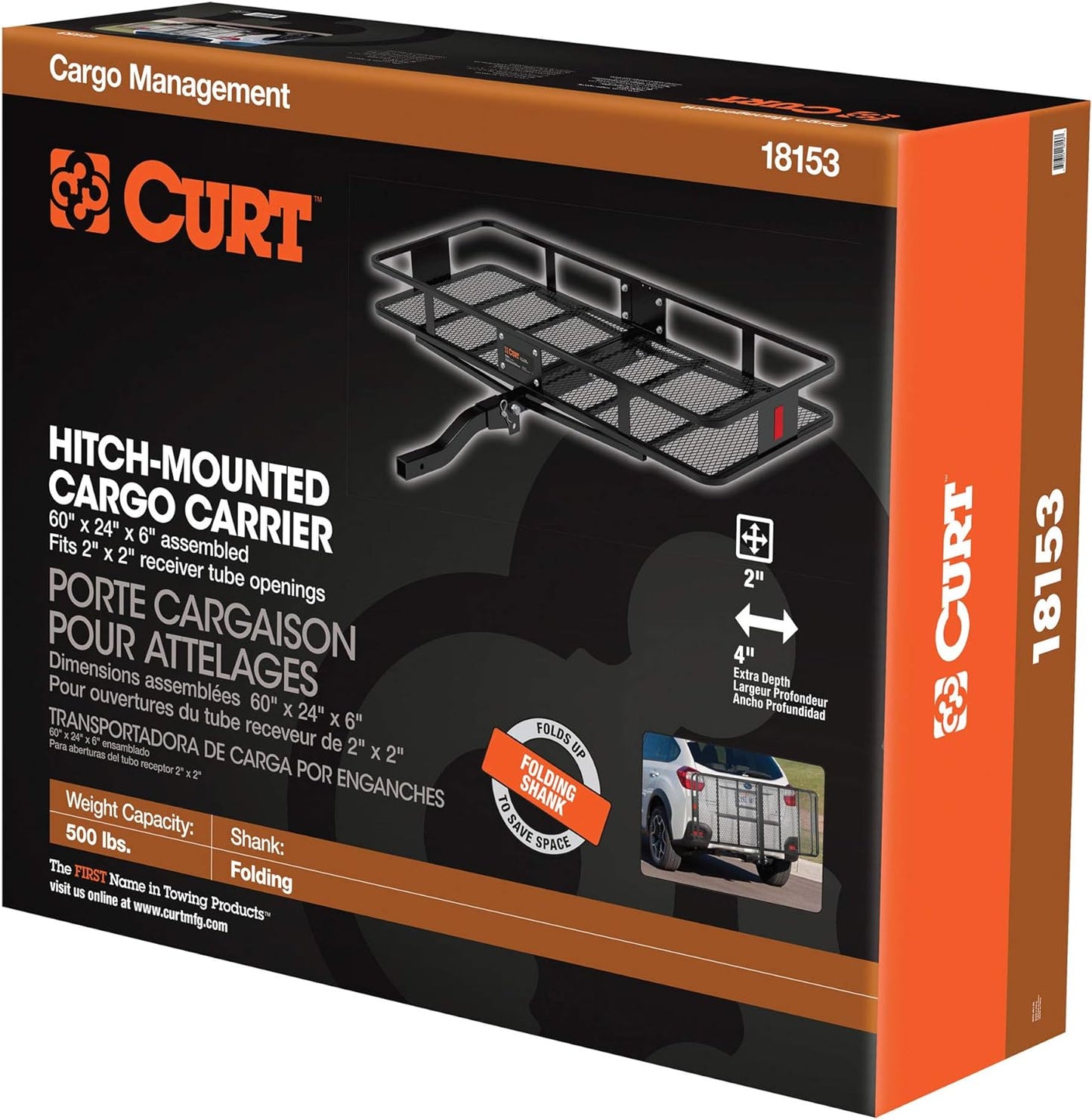 CURT 18153 60 x 24-Inch Basket Hitch Cargo Carrier, 500 lbs Capacity, Black Steel, 2-In Folding Shank