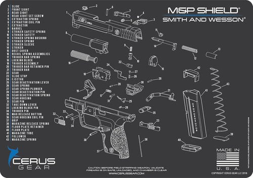 Cerus Gear M&P Shield Schematic Promat, Charcoal Gray/Cerus Blue, 12" x 17"