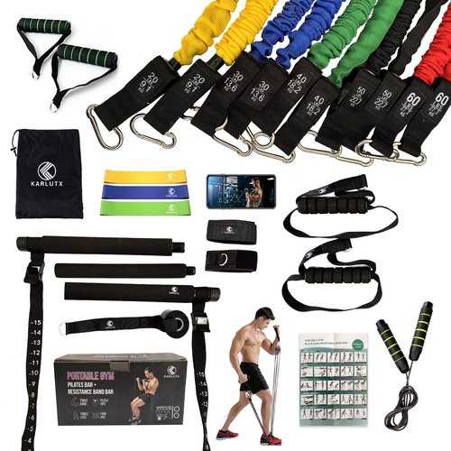 Pilates Bar Kit with Resistance Bands (10 Units) | 3 Loop Bands + 1 Jump Rope & Full-Body Workout Equipment | Dedicated Video Channel | Portable Home Gym
