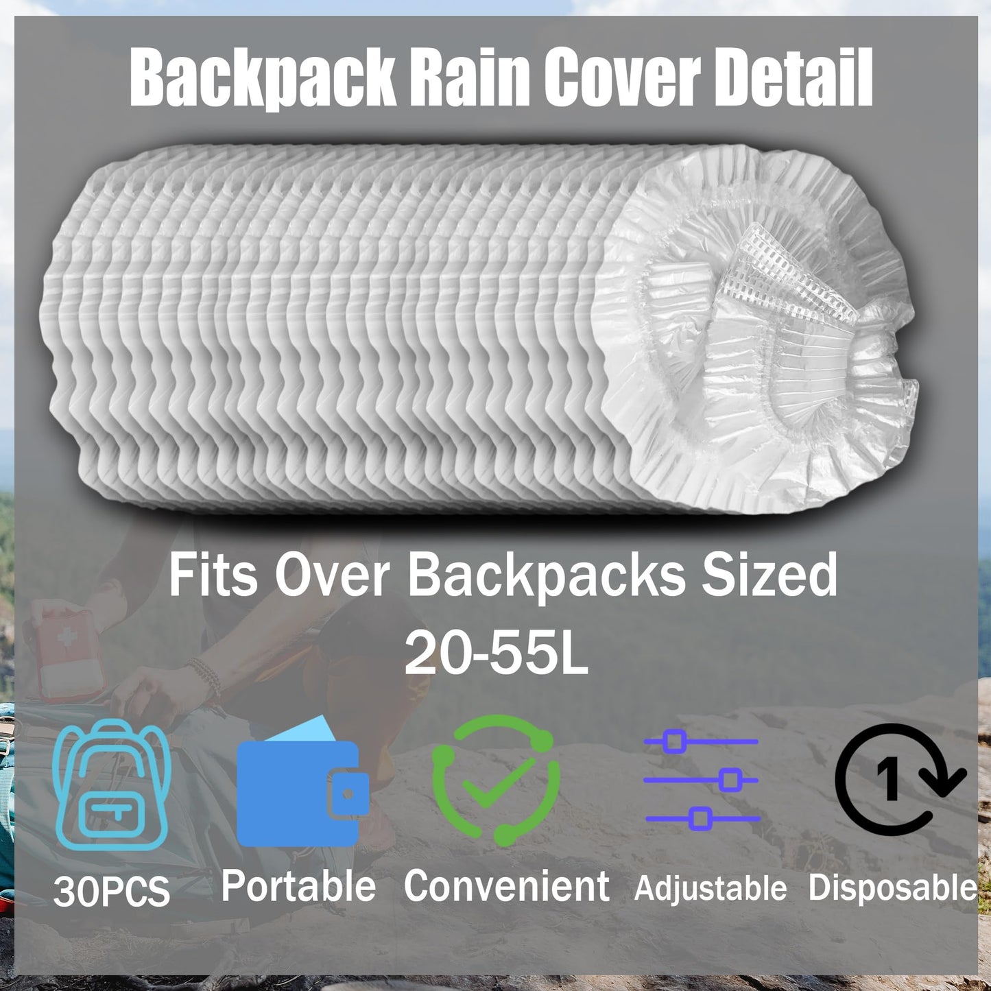 Aogigigio 30pcs Backpack Rain Cover Waterproof - Disposable Lightweight Backpack Cover for Outdoor Hiking Air Travel for 20-55L